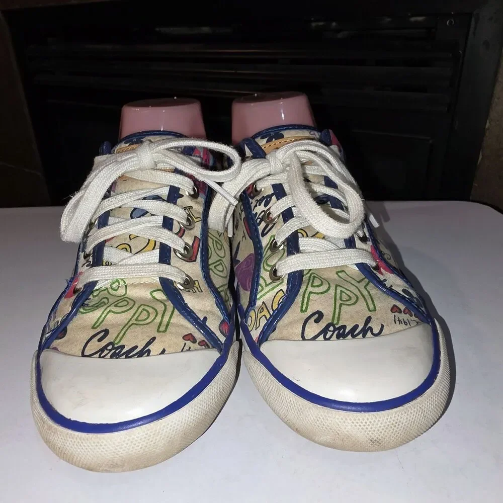 COACH POPPY BARRETT Sz 8 Off White AOP Logo Canvas Lace Up Casual Preppy Shoes